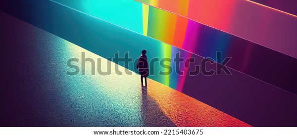 Silhouette of a man in front of Walls\
refracting light. Interference quantum effect. The concept of\
quantum physics. Double sided experience.\
Illustration.