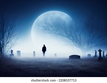 Silhouette Of A Man Or Ghost In A Creepy Old Abandoned Graveyard With Ancient Graves, Full Moon And Halloween Symbols