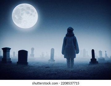 Silhouette Of A Man Or Ghost In A Creepy Old Abandoned Graveyard With Ancient Graves, Full Moon And Halloween Symbols