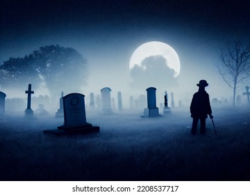 Silhouette Of A Man Or Ghost In A Creepy Old Abandoned Cemetery With Ancient Graves, Full Moon And Halloween Symbols