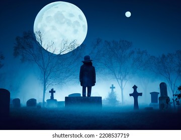 Silhouette Of A Man Or Ghost In A Creepy Old Abandoned Cemetery, With Ancient Graves, Full Moon And Halloween Symbols