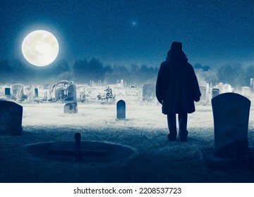 Silhouette Of A Man Or Ghost In A Creepy Old Abandoned Graveyard With Ancient Graves, Full Moon And Halloween Symbols