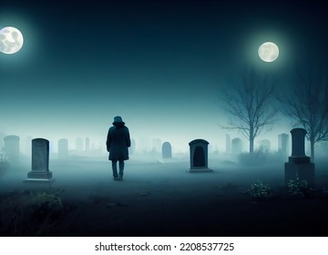 Silhouette Of A Man Or Ghost In A Creepy Old Abandoned Graveyard With Ancient Graves, Full Moon And Halloween Symbols