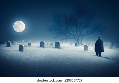 Silhouette Of A Man Or Ghost In A Creepy Old Abandoned Graveyard With Ancient Graves, Full Moon And Halloween Symbols