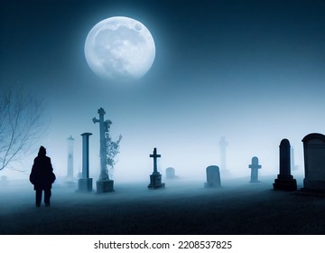 Silhouette Of A Man Or Ghost In A Creepy Old Abandoned Graveyard, With Ancient Graves, Full Moon And Halloween Symbols