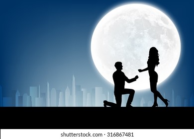 Silhouette Of Man Makes A Proposal A Silhouette Woman On The Full Moon Background