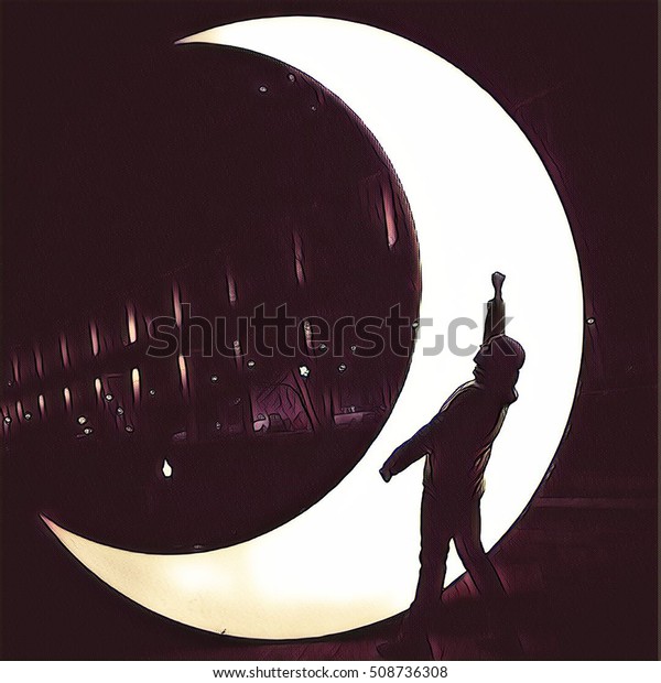 Silhouette of a man on the moon background.\
Half moon light statue with man silhouette. Night walk in park with\
shiny moon. Man on the moon. City night lights. Early moon lantern\
with black\
silhouette