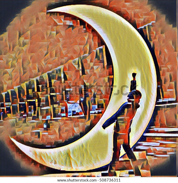 Silhouette of a man on the moon background. Half\
moon light statue with man silhouette. Night walk in park with\
shiny moon. Man on the moon. City night lights. New moon abstract\
painted\
picture