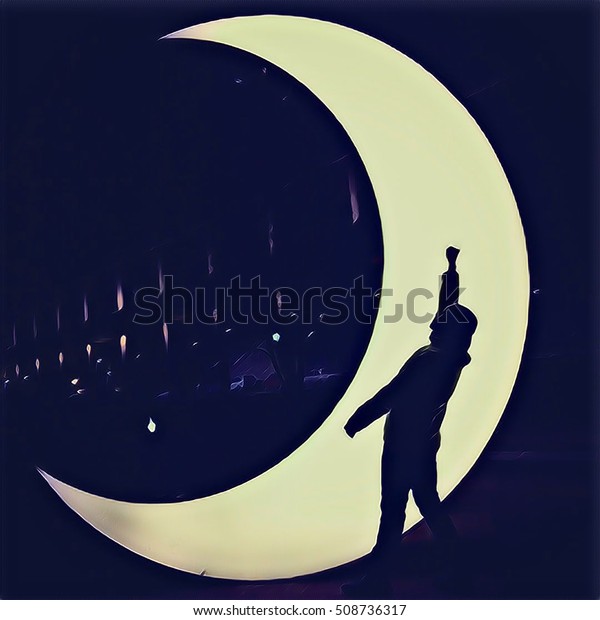 Silhouette of a man on the moon background. Half\
moon light statue with man silhouette. Night walk in park with\
shiny moon. Man on the moon. City sculpture early moon. Yellow moon\
monochrome\
image