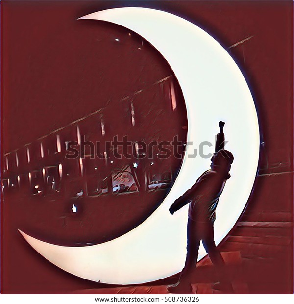 Silhouette of a man on the moon background. Half\
moon light statue with man silhouette. Night walk in park with\
shiny moon. Man on the moon. City night lights. Lightening moon\
with boy vintage\
image