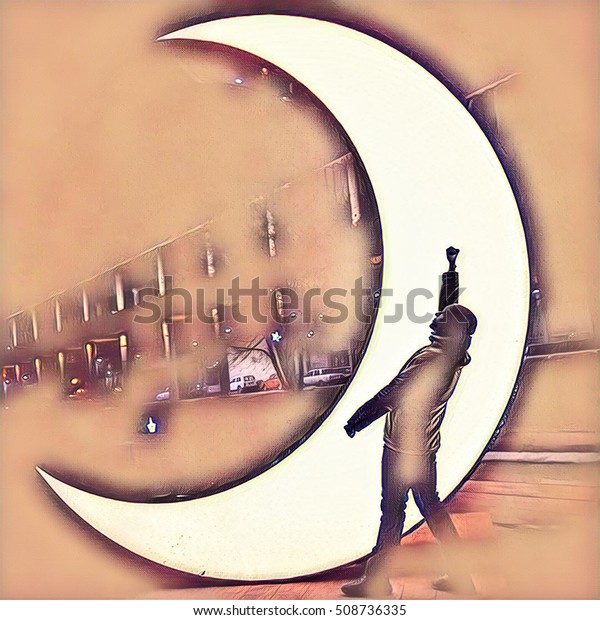 Silhouette of a man on the moon background. Half\
moon with boy silhouette. Night walk in park with shiny moon. Man\
on the moon. City night lights. Lightening moon with boy silhouette\
cut out image