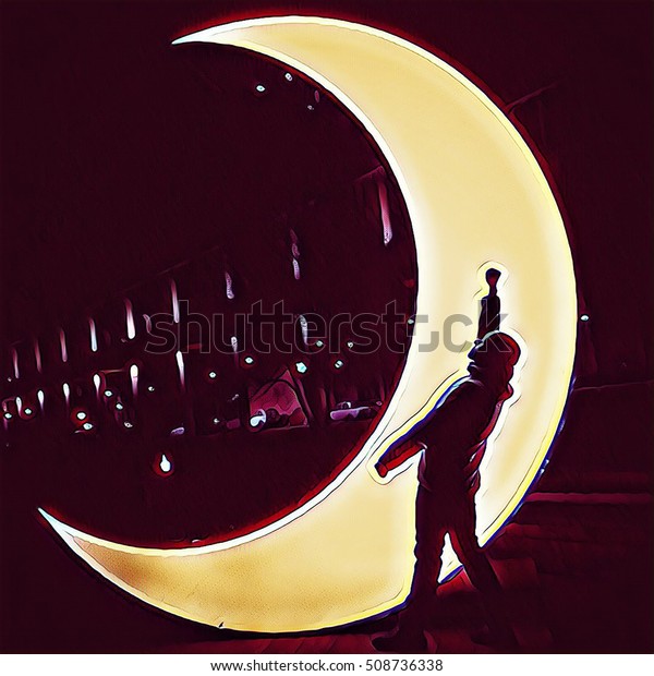 Silhouette of man on the moon background. Half\
moon light statue with man silhouette. Night walk in park with\
shiny moon. Man on the moon. City night lights. Lightening moon\
with boy abstract\
picture