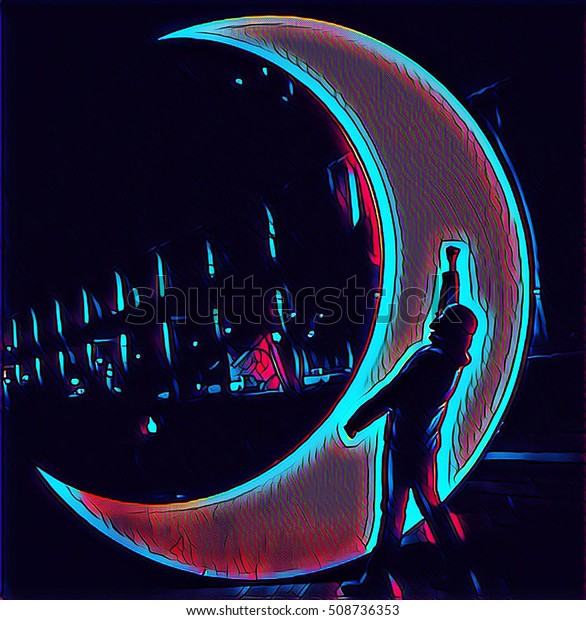 Silhouette of a man on the moon background. Half\
moon light statue with man silhouette. Night walk in park with\
shiny moon. Man on the moon. City night lights. Neon light moon on\
black backdrop\
image