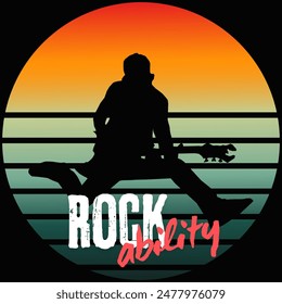 Silhouette of Man Playing Guitar with Vintage Sunset Retro Music Themed Illustration for Concerts, Events, and Posters | High Quality Image of Guitarist Against Sunset Background - Powered by Shutterstock