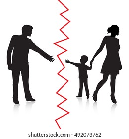 Silhouette Of A Man Reaching To His Young Child, But The Mother Removes The Child To The Other Side And Is Separated From The Father