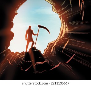 Silhouette Of A Man With A Scythe Entering A Cave