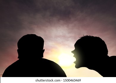 Silhouette Of A Man Shouting Into The Ear Of Another Man In A Dramatic Atmosphere For The Concept: Toxic Friendship Environment.  