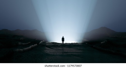 Silhouette Man Standing On The Bright Supernatural, Miraculous Gateway Edge. 3d Rendering Illustration. Psychological Concept. Stress, Unhappy, Sadness, Negative Symbol Mood Conceptual.