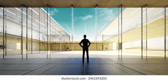 Silhouette of a man standing in a spacious glass-walled corridor with a view of the sky. 3D rendering - Powered by Shutterstock