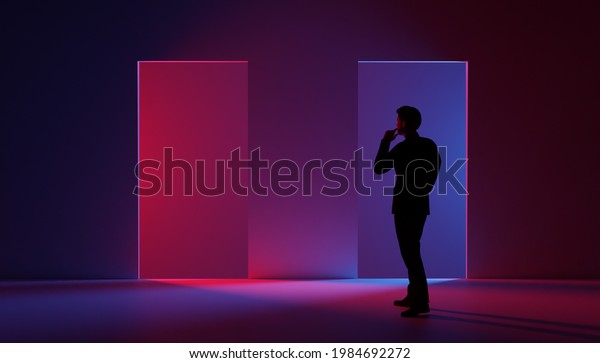Silhouette of man in\
suit in front of right doorway with blue light thinking about left\
doorway with red\
light