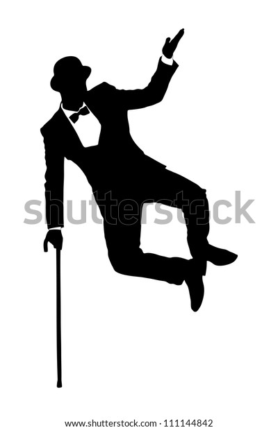 Silhouette of a man in suit holding a cane and\
dancing isolated on white\
background