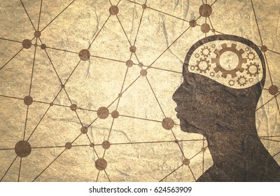 Silhouette of a man's head with gear. Mental health relative brochure or report design template. Scientific medical designs. Connected lines with dots. Grunge texture