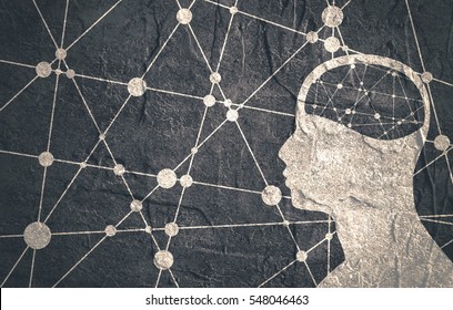 Silhouette Of A Man's Head. Mental Health Relative Brochure, Report Or Flyer Design Template. Scientific Medical Designs. Connected Lines With Dots. Grunge Texture