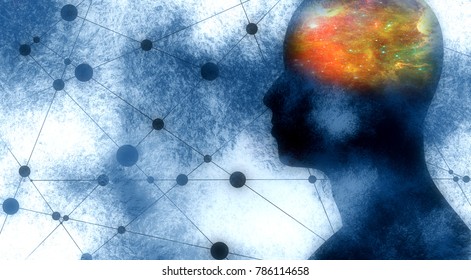 Silhouette of a man's head. Mental health relative brochure, report design. Scientific medical designs. Grunge brush drawing. Universe as brains. Elements of this image furnished by NASA