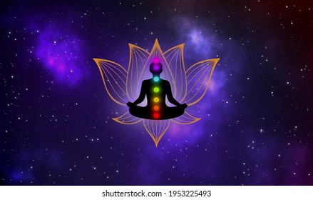 Silhouette meditaion man and his seven chakras with golden lotus on back. Beautiful of the galaxy on background.