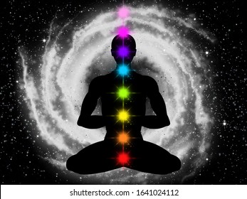 Silhouette of meditating human in space. Infinity space. Yoga man. Lotus asana. Chakras symbols.