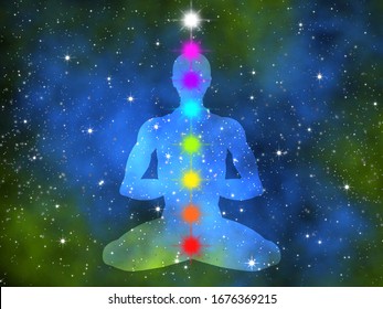 Silhouette of meditating human in space. Infinity space. Yoga man. Lotus asana. Chakras symbols. Green and blue nebula and stars.