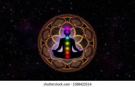 Silhouette meditation man and his seven chakra on luxury gold mandala in deep space of the universe.