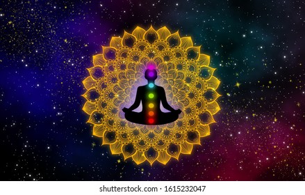 Silhouette meditation man and his seven chakra on luxury gold mandala in deep space of the universe.