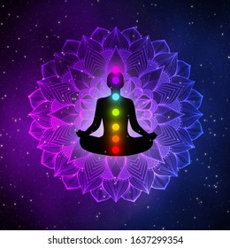 Silhouette meditation man with seven chakras on purple artistic mandala in the universe with gas clouds and stars field.