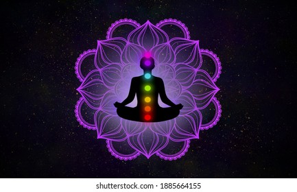 Silhouette meditation man with seven chakras and floral mandala connected to the power of the universe.