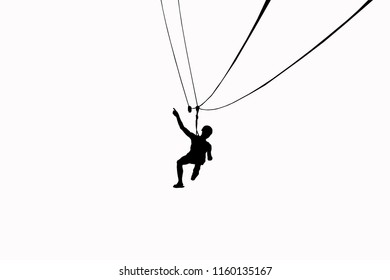 Silhouette Men Are Playing Zip Line On White Background.