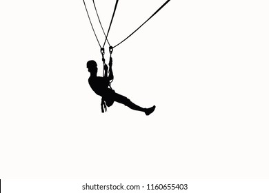 Silhouette Men Are Playing Zip Line On White Background.