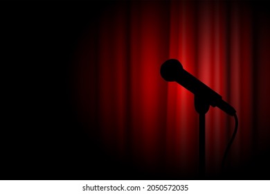 Silhouette Of A Microphone On The Acting Stage. Workplace Of An Actor Or Comedian. Red Theater Curtains.	