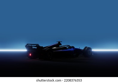 Silhouette Of A Modern Generic Sports Racing Car Standing In A Dark Garage. 3d Rendering. 3D Illustration