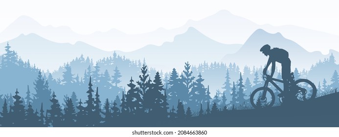 Silhouette of mountain bike rider in wild nature landscape. Mountains, forest in background. Magical misty nature. Blue illustration. - Powered by Shutterstock