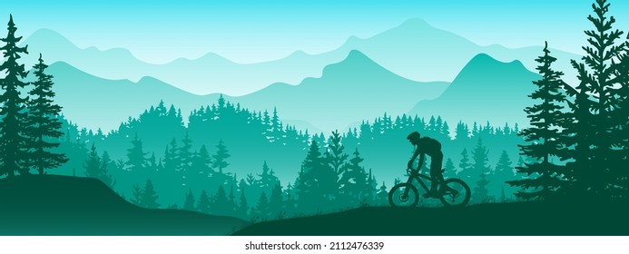 Silhouette of mountain bike rider in wild nature landscape. Mountains, forest in background. Magical misty nature. Blue and green illustration. - Powered by Shutterstock