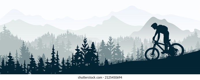 Silhouette of mountain bike rider in wild nature landscape. Mountains, forest in background. Magical misty nature. Gray illustration. - Powered by Shutterstock