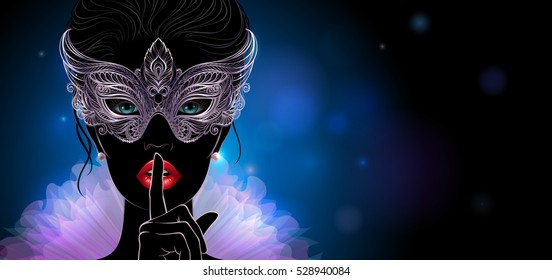 Silhouette of a mysterious lady in carnival mask, she put a finger on lips in a hush gesture. Beautiful concept design for greeting card, party invitation, banner or flyer. - Powered by Shutterstock