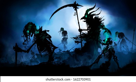 Silhouette of a necromancer with a scythe in a torn cloak and a demonic head in the form of a bird's skull and horns. skeleton warriors from the earth, amid a full moon and fog. 2d illustration