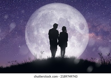 Silhouette Night Landscape Couple Lover Dancing Stock Illustration ...