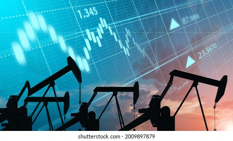 Silhouette Of An Oil Production Company. Natural Resource Extraction. Oil Rigs Against The Evening Sky. Oil Export. Fuel Industry. Global Energy Market. 3d Illustration.