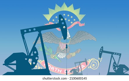 silhouette of oil pump against flag of North Dakota state USA. Extraction grade crude oil and gas. concept of oil fields and oil companies, hydrocarbon market, industry