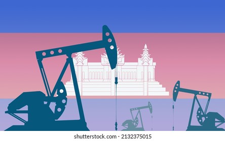 silhouette of the oil pump against flag of Cambodia. Extraction grade crude oil and gas. concept of oil fields and oil companies, hydrocarbon market, industry