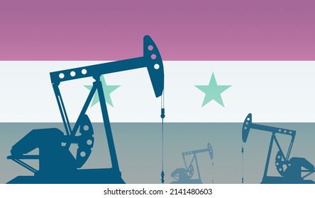 Silhouette Of The Oil Pump Against Flag Of Syria. Extraction Grade Crude Oil And Gas. Concept Of Oil Fields And Oil Companies, Hydrocarbon Market, Industry