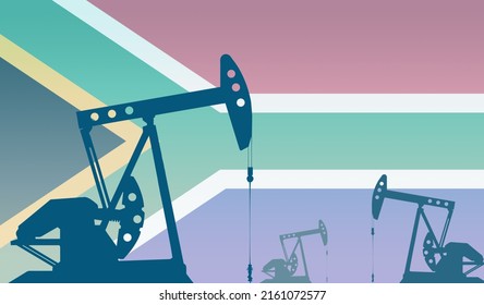 Silhouette Of The Oil Pump Against Flag Of South Africa. Extraction Grade Crude Oil And Gas. Concept Of Oil Fields And Oil Companies, Hydrocarbon Market, Industry